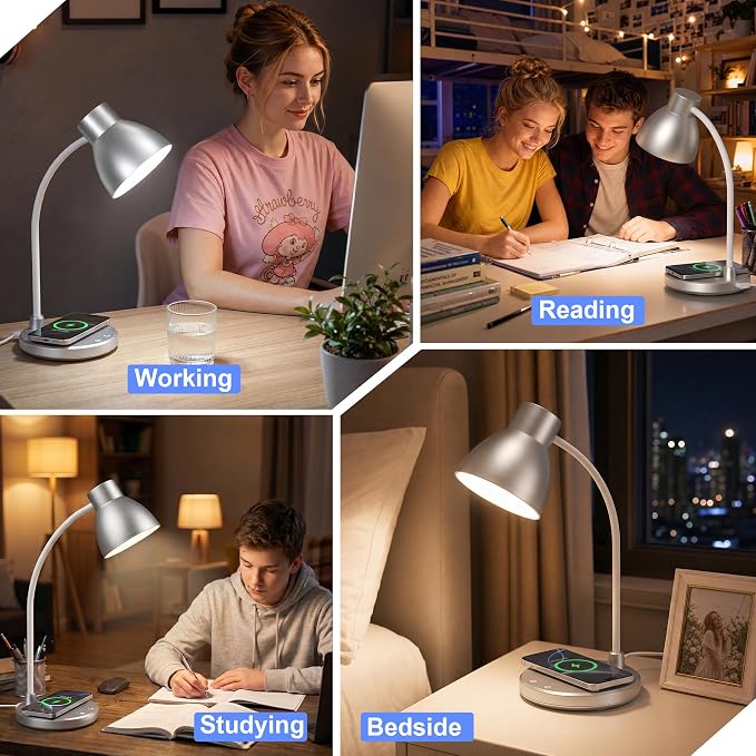 LED Desk Lamp for Home Office with Wireless Charger, Silver | 3 Color Modes Dimmable Eye-Caring Study Reading Dorm Desk Lamp, 360° Flexible Arm Table Lamp for College Dorm Room, 800 Lumen - Image 8