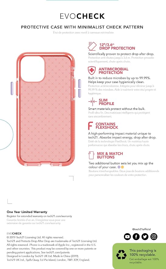 tech21 Evo Check Phone Case for Apple iPhone 11 with 12 ft. Drop Protection Coral - Image 20