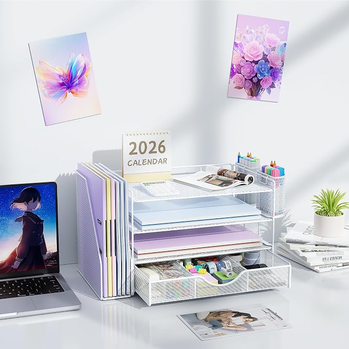 gianotter Desk Organizers and Accessories with File Holder, 4-Tier Desk Accessories & Workspace Organizers with Drawer and 2 Pen Holder, Paper Organizer for Office Supplies (White) - Image 7