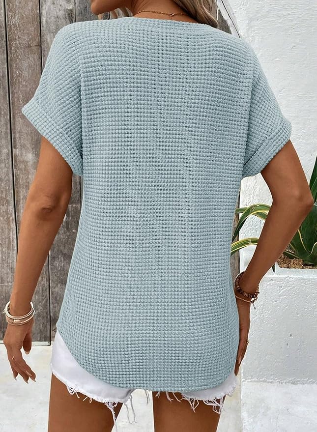 Dokotoo Womens Waffle Knit Tops 2026 Spring Summer V Neck Shirts Casual Trendy Women's Blouses Basic Tee - Image 4