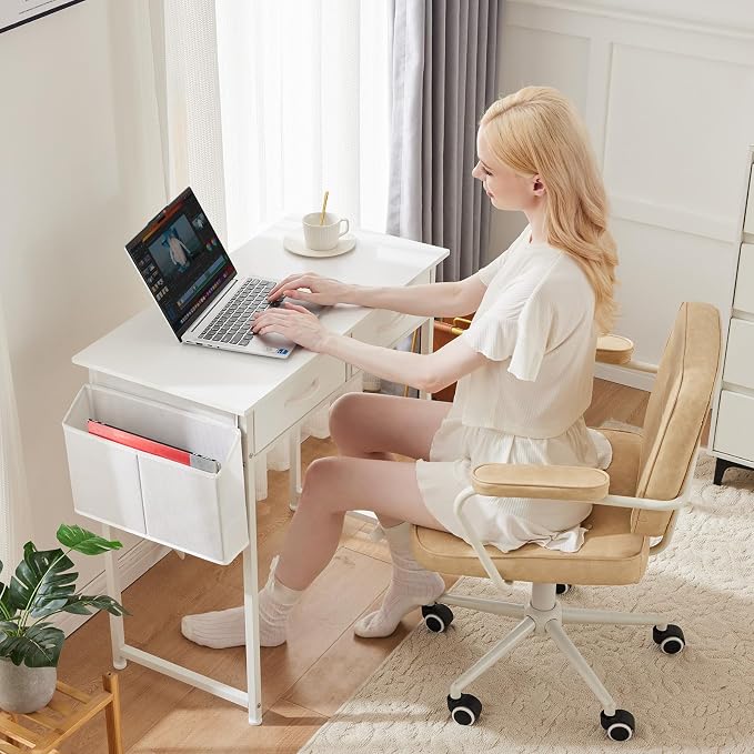 OLIXIS 32 Inch Small Desk, Computer Desk, Home Office | Fabric Drawers, Side Bag, Headphone Hook, Writing Study Work Table, Bedroom, Natural White - Image 7