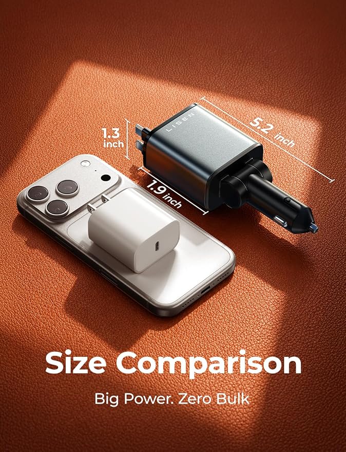 LISEN Retractable Car Charger, 84W Car Charger USB C Fast Charge, Multi Cigarette Lighter Adapter, 4 in 1 Car Accessories Birthday Gifts for Men Women Dad Mom Husband, for iPhone 17 16 15 14 13 12 X - Image 9
