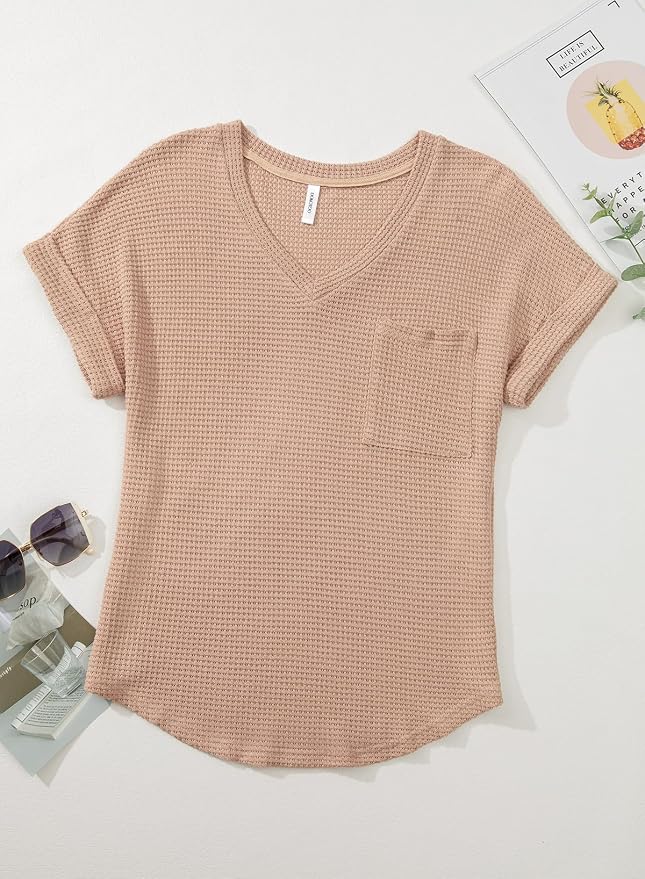 Dokotoo Womens Waffle Knit Tops 2026 Spring Summer V Neck Shirts Casual Trendy Women's Blouses Basic Tee - Image 6