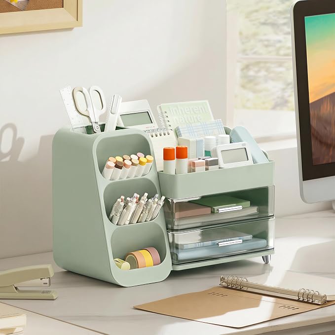 HBlife Desk Organizer with Pen Pencil Holder for Desk, Pen Organizer with 2 Drawers, Desk Organizers and Accessories with 4 Compartments, Desktop Storage for Office Home School Art Supplies, Green - Image 8