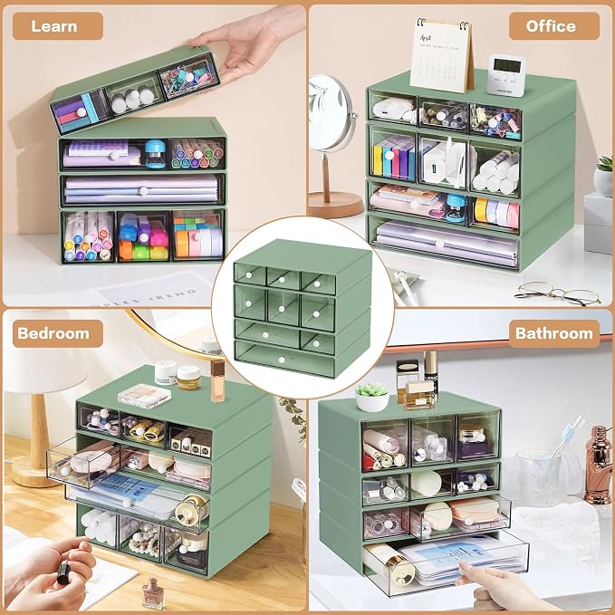 Desk Storage Organizer with 9 Drawers, 4 Tiers Stackable Desktop Craft Storage Drawers, Clear Storage Box Caddy for Stationary Makeup Jewelry Office Craft Supplies (Green) - Image 7