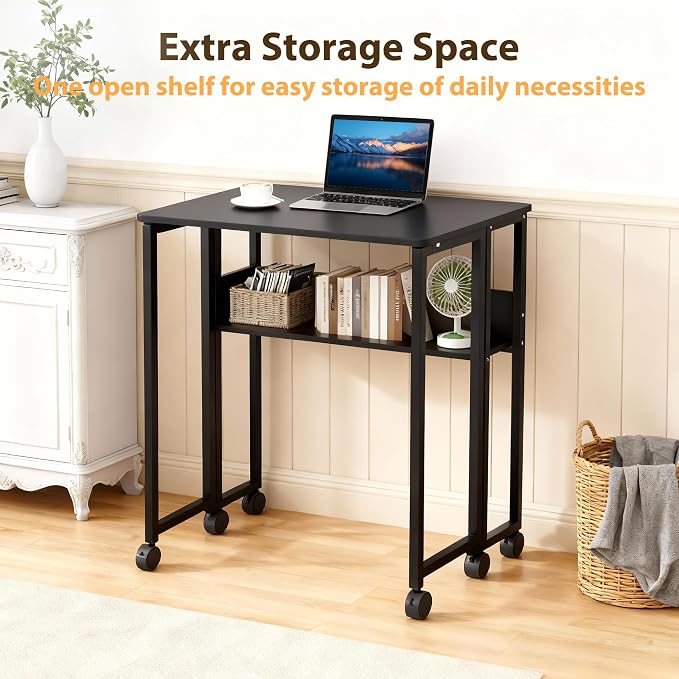 Folding Desk Small Rolling Desk with Storage Shelf,24.8 Inch Foldable Computer Table with Wheels,Portable Office Desk for Small Space Sofa Table,Easy to Fold,Writing Work Office Computer Desk,Black - Image 8