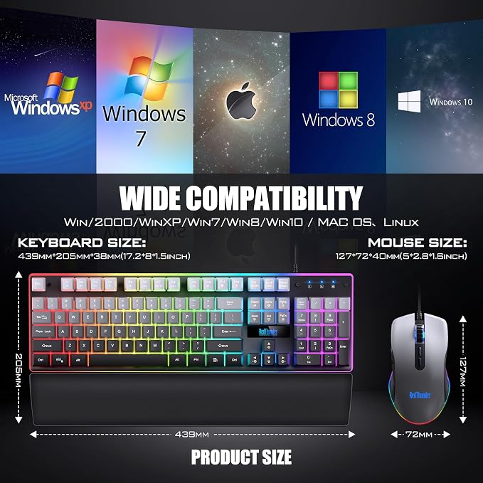 RedThunder K10 Wired Gaming Keyboard, Mouse Wrist Rest Combo, RGB Backlit, Mechanical Feel Anti-ghosting Keyboard + 7D 7200 DPI Mice+Soft Leather Wrist Rest 3 in 1 PC Gamer Accessories(Gradient Gray) - Image 7