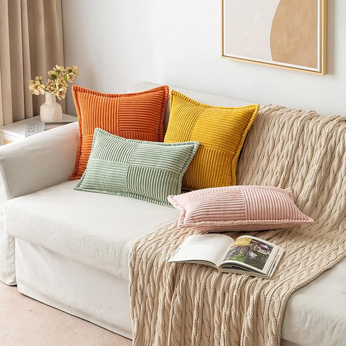 MIULEE Decorative Throw Pillow Covers for Couch Bed Livingroom 18x18 Inch Set of 2 Fall Mustard Yellow Boho Accent Throw Pllows Broadside Striped Patchwork Soft Corduroy Pillowcases - Image 9