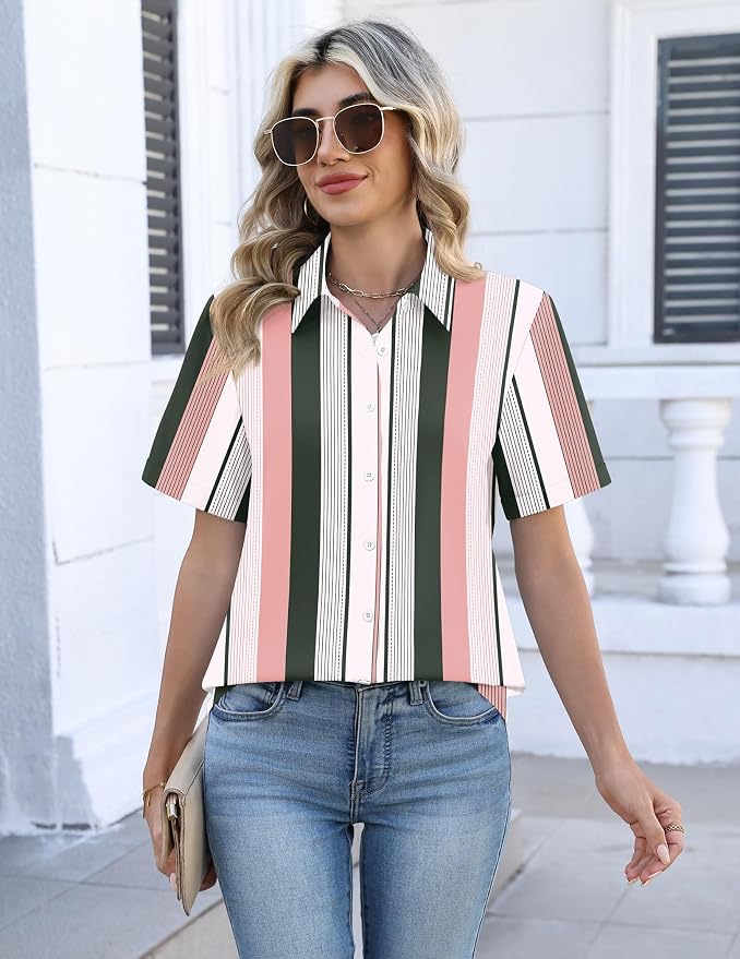 Zeagoo Button Down Shirts for Women Short Sleeve Collared Tops Dressy Casual V Neck Blouses - Image 5