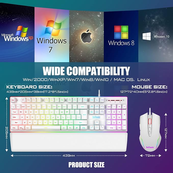 RedThunder K10 Wired Gaming Keyboard and Mouse and Wrist Rest Combo, RGB Backlit, Mechanical Feel Anti-ghosting Keyboard + 7D 7200 DPI Mice+Soft Leather Wrist Rest 3 in 1 PC Gamer Accessories(White) - Image 7