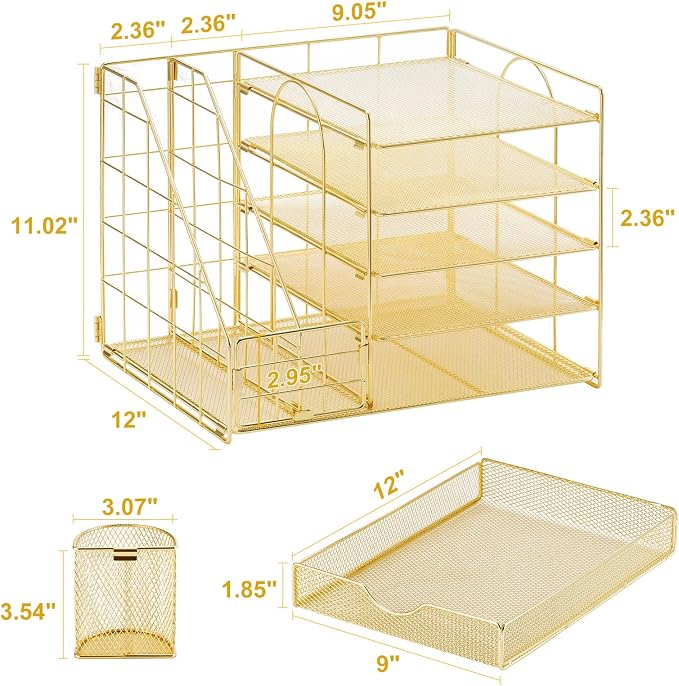Marbrasse Rose Gold Desk Organizer with File Holder, 5-Tier Paper Letter Tray Organizer with Drawer and 2 Pen Holder, Mesh Desktop Organizer and Storage with Magazine Holder for Office Supplies - Image 6