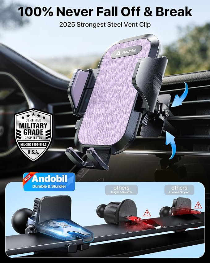 andobil Car Phone Holder, 2026 Military-Grade 89bs Strongest Suction Phone Holders for Your Car Dashboard/Windshield/Vent Easy Clamp Cellphone Holder Truck Stand for iPhone 17 16 15 Pro Max, Purple - Image 9