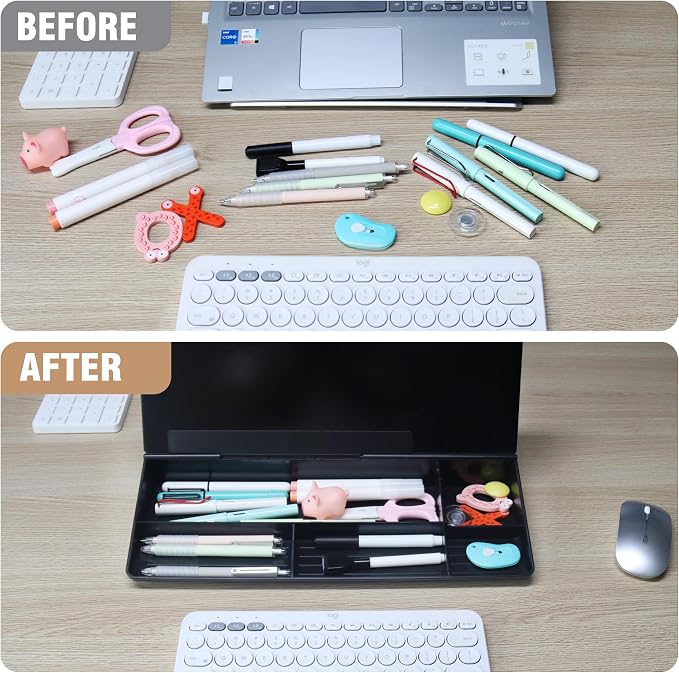 SELEAD Desktop Glass Whiteboard with Organizer, Markers, Eraser - Dry Erase Board Computer Pad Keyboard Stand with Drawer and Holder for Home, School, Office - Black - Image 8
