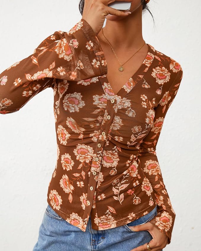BTFBM Button Down Shirts for Women 2026 Fall Boho Tops V Neck Long Sleeve Blouses Ruched Mesh Fitted Fashion Clothing - Image 8
