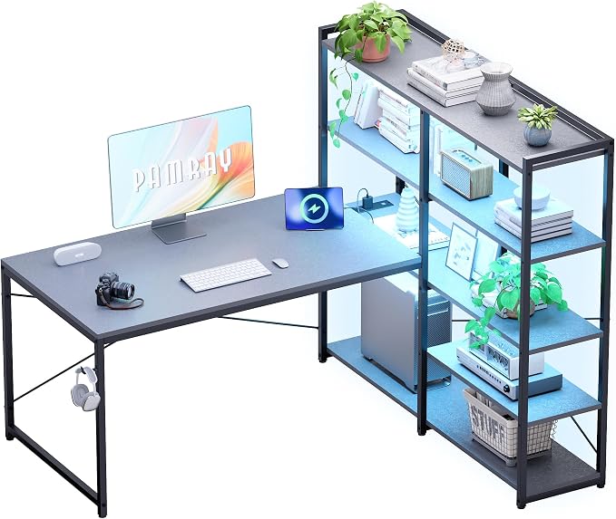Pamray 49 Inch L Shaped Gaming Computer Desk with Shelves and Storage | Compact Reversible Design with LED Lights & Power Outlets, Suitable for Home Office Bedroom Small Spaces and Dorm Study Work - Image 7