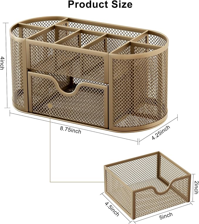 EasyPAG Mesh Pen Holder Desk Organizer with Drawer Stationery Supplies Organizer for Dorm School 9 Compartments Workspace Desk Accessories Organization for Office, Gold - Image 7