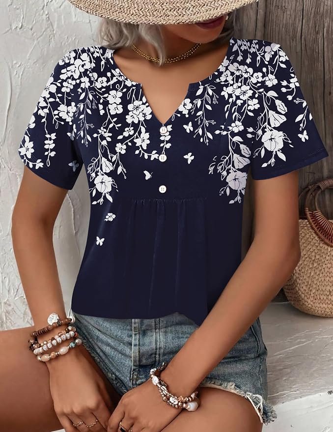 Zeagoo Womens Short Sleeve Tops Summer Henley V-Neck Tshirts Casual Pleated Blouse Dressy Loose Floral Basic Tee - Image 4