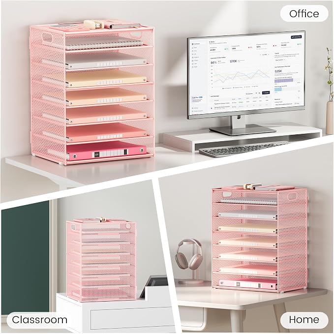 Lavatino 8-Tier Letter Tray Desk Paper Organizer, Mesh File Sorter Tray Organizer for Desk Office Supplies & Home Organization, Fits A4 Paper, Mail, Magazines and Office Accessories (Pink with Handle) - Image 7