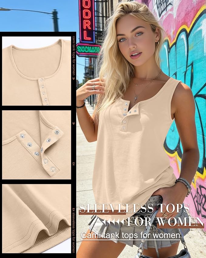 Ficerd 3 Pack Women's Henley Tank Tops Sleeveless Button Down Summer Shirts 2026 Casual Trendy Loose U Neck Tee Blouses - Image 5