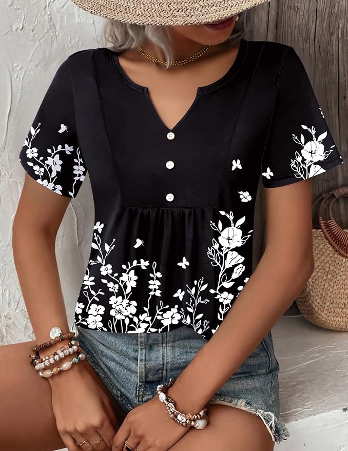 Zeagoo Womens Short Sleeve Tops Summer Henley V-Neck Tshirts Casual Pleated Blouse Dressy Loose Floral Basic Tee - Image 4