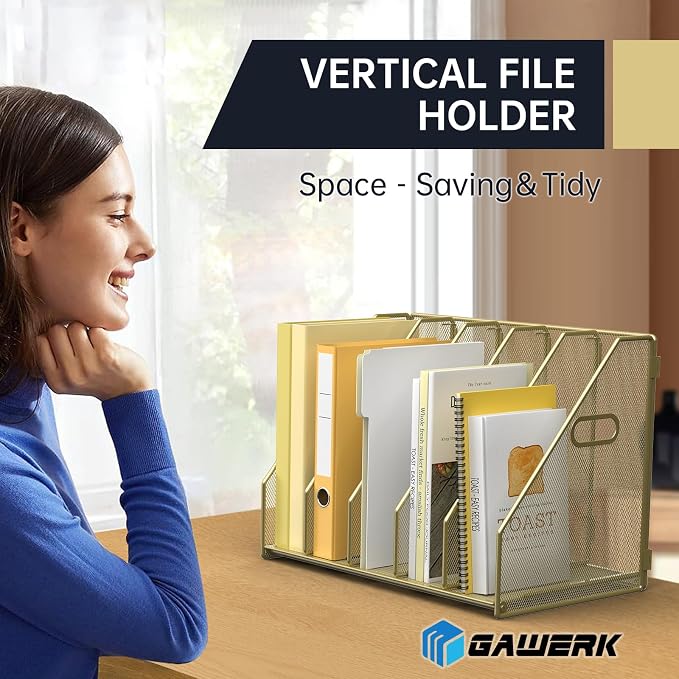 MINDEPOT Desk File Organizer Folder Holder with 5 Vertical for Office, Gold - Image 4