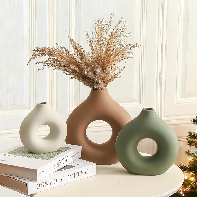 Vanselia Ceramic Vase Home Table Decor - Flower Vases Set of 3 Small Living Room Centerpiece Decorations for Shelf Bedroom Office Kitchen Dining Desk Modern Aesthetic Farmhouse Decorative (Brown) - Image 8