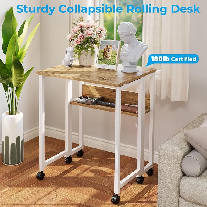 GreenForest Folding Desk with Wheels, 31.5" Rolling Table for Small Spaces | Storage Shelf, Lockable Casters, Compact Portable Workstation, Space-Saving Foldable Sofa Table, Home Office, Mobile, Oak - Image 8