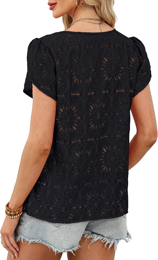 OFEEFAN Blouses for Women Dressy Casual Petal Short Sleeve Shirts Crochet Lace Boho Tops Spring Fashion Summer Outfits - Image 5
