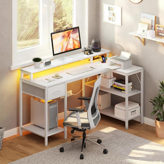 DUMOS 47 Inch Gaming Desk, Monitor Stand, LED Lights, Storage Shelves | USB Charging Ports, Power Outlets, Reversible L Shaped Corner, Small Spaces, White - Image 8