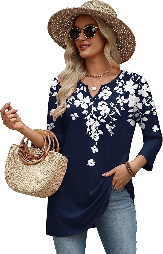 OFEEFAN Summer Boho Tops For Women 3/4 Length Sleeve Womens Tops Vacation Outfits - Image 5