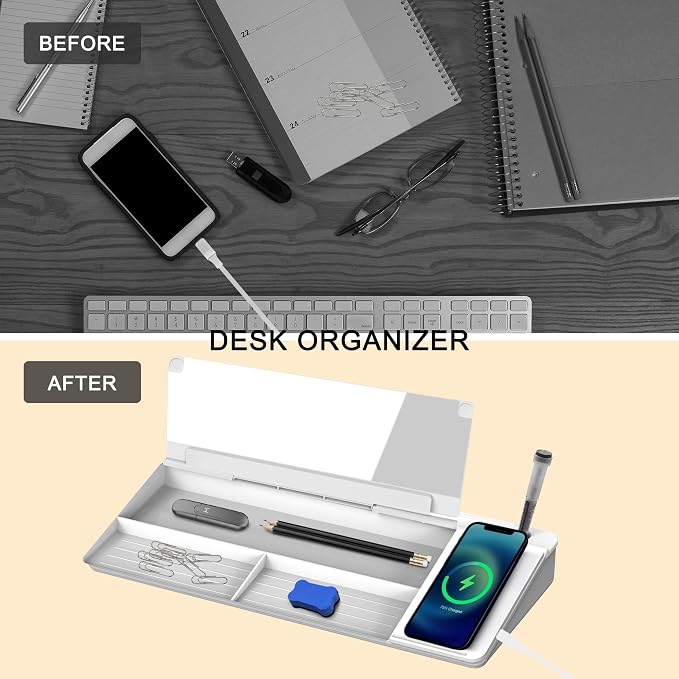 SELEAD Desktop Glass Whiteboard with Wireless Charger & Built-in Mirror, Dry Erase Board Computer Pad Keyboard Stand with Organizer for Home, School, Office Desk Accessories, White - Image 9