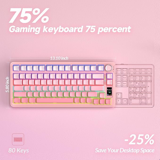 AULA S75 PRO Wireless Mechanical Keyboard with Screen&Knob, Tri-Mode Hot Swappable Gaming Keyboard 75%, Pre-lubed Switches, RGB Backlit, Side Printed PBT Keycaps, Creamy Sounding Pink Keyboards - Image 9