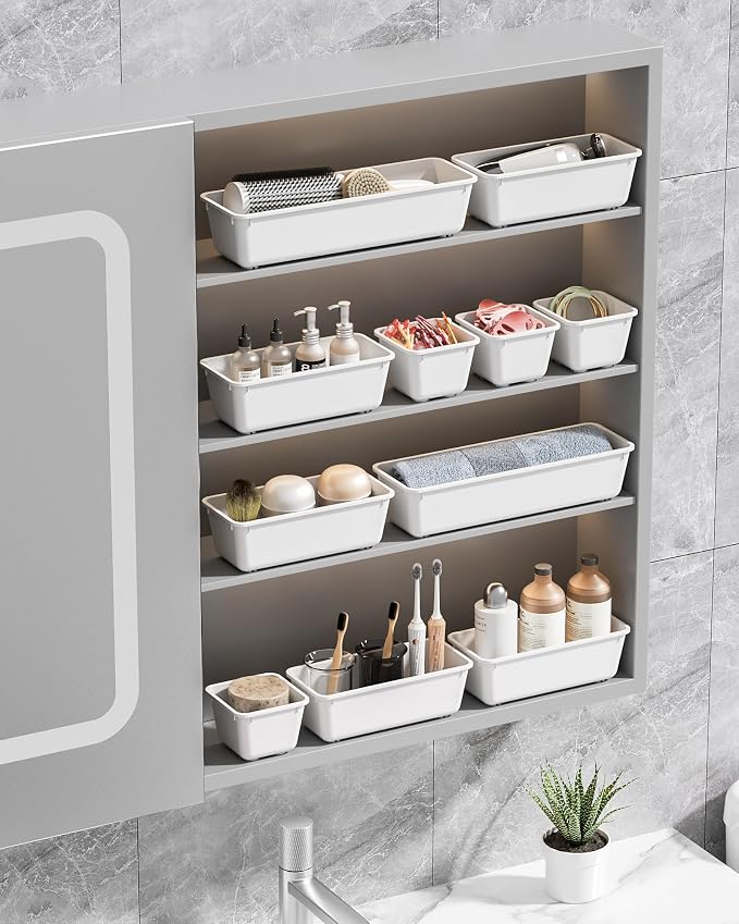 Canfanni 13 Pack Plastic Drawer Organizers Set, 3 Sizes Desk Drawer Organizer Trays for Vanity and Makeup Organizer, Organization and Storage for Makeup, Kitchen Utensils, Bathroom and Office(White) - Image 7