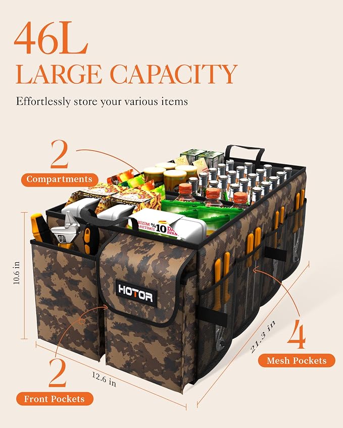HOTOR Trunk Organizer - Car Organizer, Foldable Trunk organizer for SUVs & Sedans, Sturdy Car Organization for Car Accessories, Tools, Sundries, Brown Camouflage, 2 Compartments, 21.3"×12.6"×10.6" - Image 3