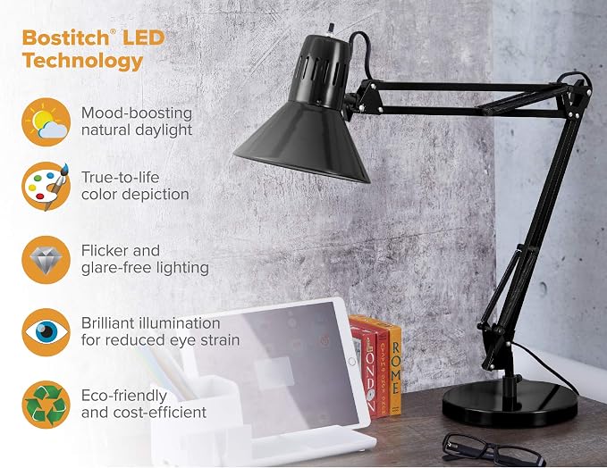 Bostitch Office VLF100D Swing Arm Desk Lamp, Metal, 36" Reach with Multi-Joint Adjustment, Includes Replaceable LED Bulb (VLF), Black - Image 7