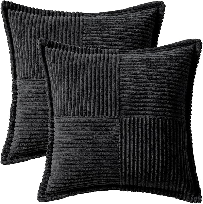 MIULEE Black Corduroy Decorative Euro Sham Pillow Covers 24x24 Inch with Splicing Set of 2 Soft Boho Pillow Covers Broadside Textured Pillowcases for Halloween Couch Bed Livingroom - Image 6