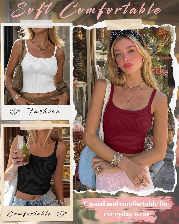 Ficerd 3 Pack Women's Tank Tops 95% Cotton Spaghetti Strap Ribbed Crop Camisole Slim Fitted Basic Summer Sleeveless Layer - Image 6