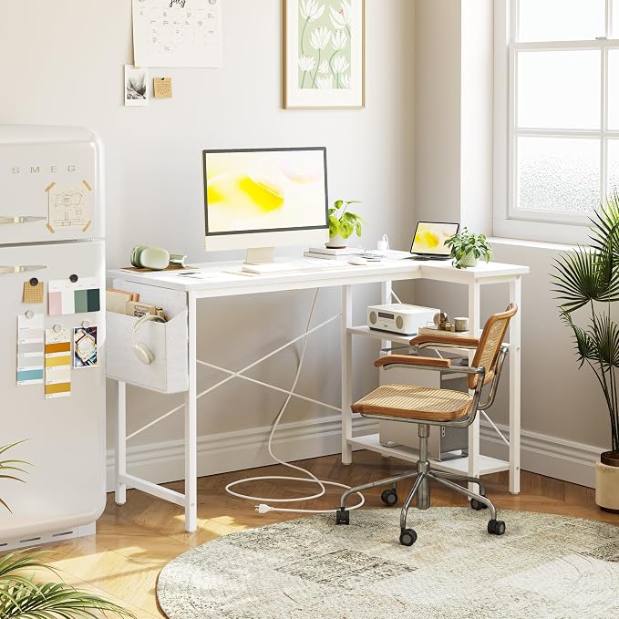 TIQLAB L Shaped Computer Desk with Power Outlets, 47 Inch Small Corner Desk with Reversible Shelves, Gaming Desk Computer Table Study Writing Desk for Home Office Small Space, White - Image 9