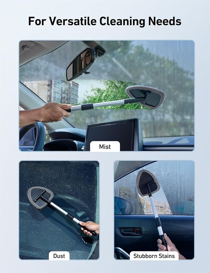 AstroAI 21" Extra-Long Windshield Cleaner Tool, Car Interior Detailing Cleaning Kit with Extendable Handle and 4 Upgraded Reusable Microfiber Pads, Auto Glass Wiper Brush Kit for Cars, Gray - Image 8