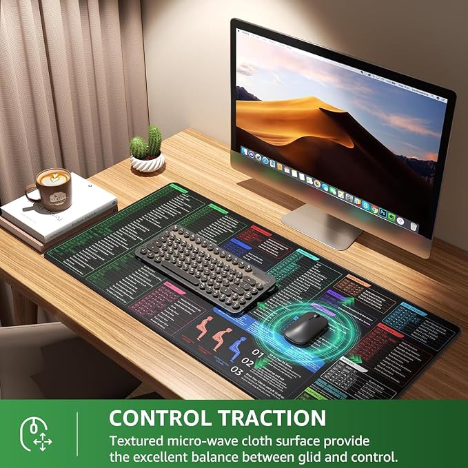KTRIO Excel Shortcuts Mousepad, Desk Mat, 31.5 x 15.7 in, XXL | Smooth Micro-Weave Surface, Shortcut Reference, Non-Slip Rubber Base, Durable Stitched Edges, Office & Home Use - Image 6