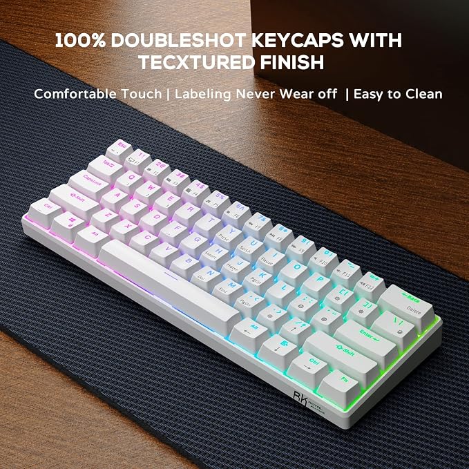 RK ROYAL KLUDGE RK61 Wireless Mechanical Keyboard with Coiled Cable, White | 60% RGB Gaming Keyboard with Bluetooth/2.4GHz/Wired, Hot Swappable 61 Keys Ultra-Compact for Win/Mac/PC, Tactile Brown Switch - Image 8