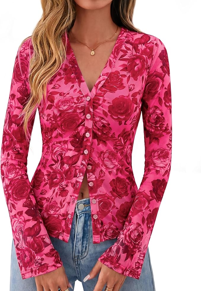 BTFBM Button Down Shirts for Women 2026 Fall Boho Tops V Neck Long Sleeve Blouses Ruched Mesh Fitted Fashion Clothing - Image 8