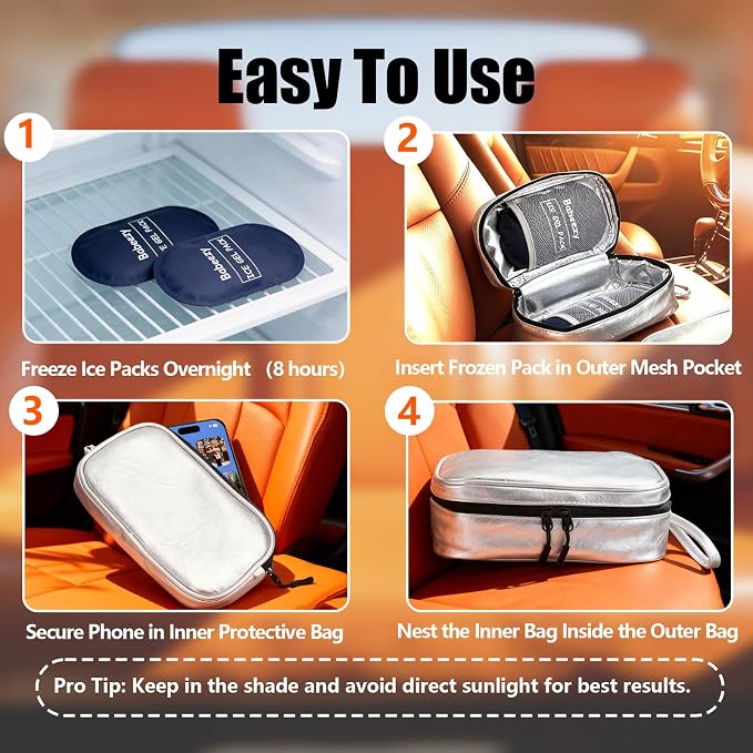 Keep Your Phone Safe from Extreme Heat Car Phone Cooling Bag Includes 2 Reusable Ice Packs Fits All Phones (Silver) - Image 7
