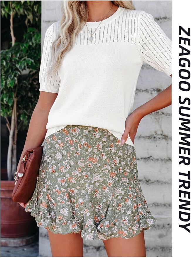 Zeagoo Women's Short Sleeve Sweater Tops 2026 Spring Summer Crew Neck Hollow Out Blouses Dressy Business Casual Outfits - Image 6