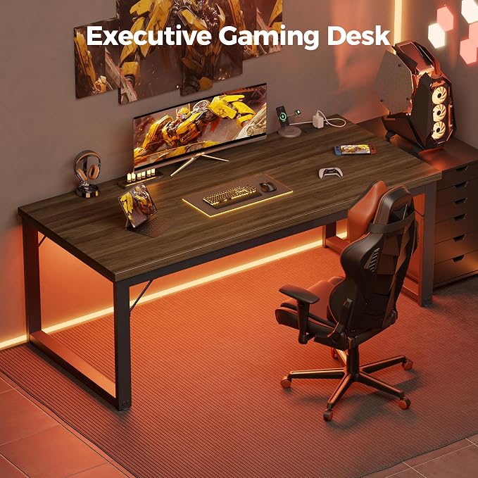 Mericonia 54 Inch Computer Desk with Power Outlets, 1.2" Thick Office Table | Modern Simple Style, Heavy Duty Industrial Frame, Study & Writing Table for Home Bedroom Work, Walnut - Image 9