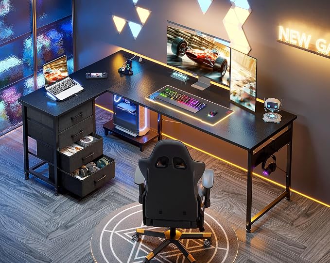 AODK 61" L Shaped Gaming Desk with 4 Drawers and Power Outlets, Black | USB Ports, PC Tower Stand, Hooks, Reversible Corner Layout for Gaming Rooms, Bedrooms and Home Office - Image 8