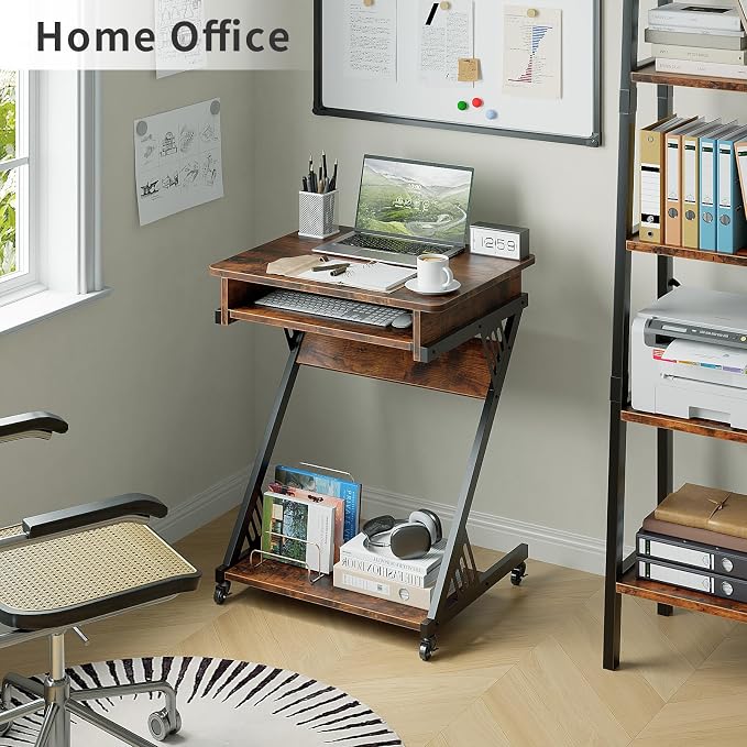 ALISENED Computer Desk for Small Spaces, 23.6" Z-Shaped Compact Study Table with Smooth Keyboard Tray with Wheels and Bottom Shelves for Home Office, Computer Cart Mobile Laptop Cart, Rustic Brown | 23.6" Z-Shaped, with Wheels and Bottom Shelves, for H... - Image 9