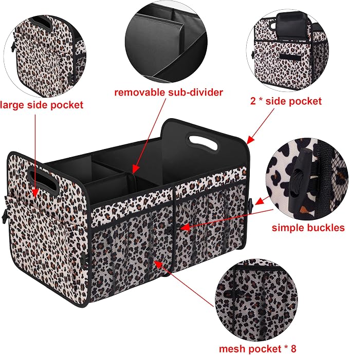 Femuar Car Trunk Organizer, Large Capacity Collapsible Trunk Storage with 11 Pockets, Waterproof, Non-Slip, Suitable for Car, SUV, Truck, Van, Jeep, Sedan, Leopard Print - Image 7