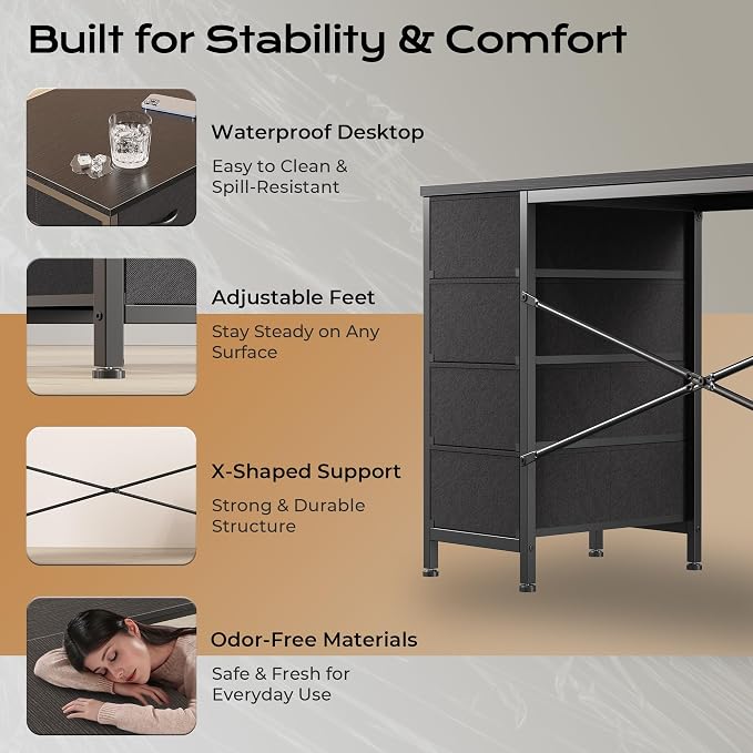 Huuger 55 Inch L Shaped Desk with Fabric Drawers, Reversible Computer Gaming Desk with Power Outlets and USB-C Port, Adjustable Side Storage Shelves, for Work Study Corner Home Office, Black - Image 9