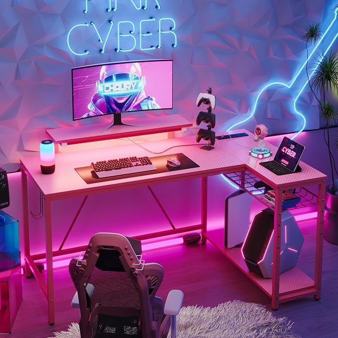 Bestier 52-Inch L-Shaped Gaming Desk with Charging & LED, Pink | Charging 3AC+2USB, RGB LED 20 Colors/22 Modes, Reversible Storage Shelves, Carbon Fiber Texture, Headphone Hook, 52 in - Image 9